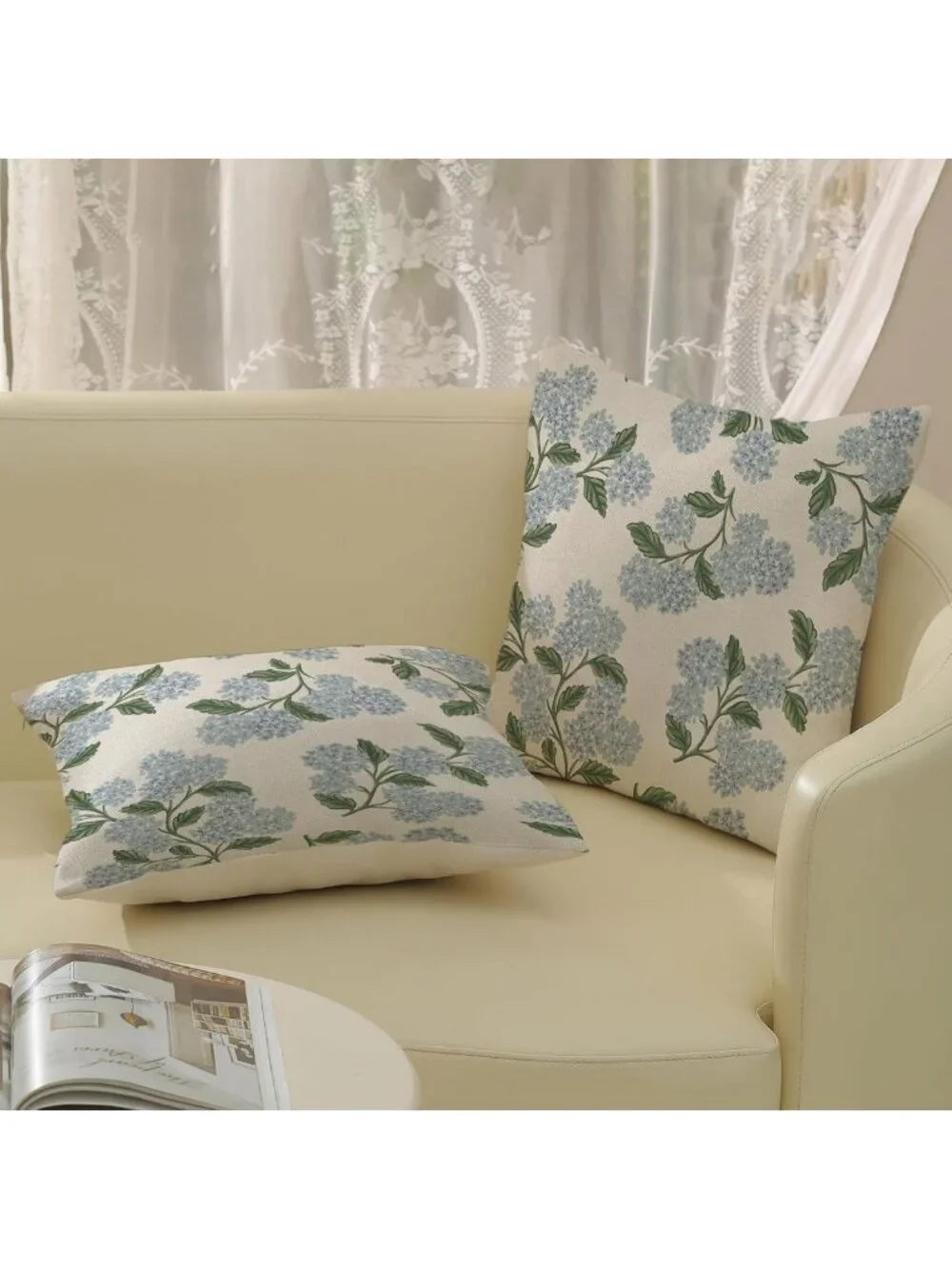 Vintage Floral Spring Pillow Covers 18x18 - Blue Green Hydrangea Cushion Set